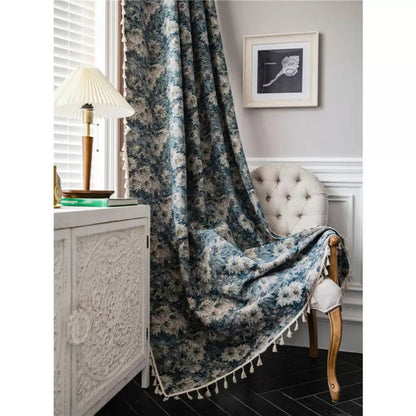 Navy Floral Tassel Curtains | Brushed Polyester, Boho Style
