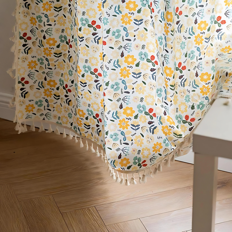 Yellow Flower Tassel Curtain | Cotton-Linen, Semi-Blackout