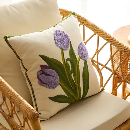 Blooming Tulip Cotton Cushion Cover | Floral Embroidery, Zip Closure
