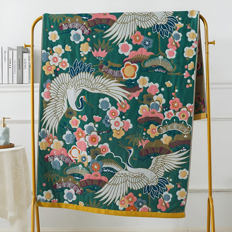 Pure Cotton Bath Towel | Crane & Floral Print