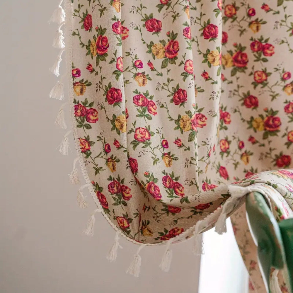 Floral Tasseled Soft Cotton Curtain | Semi-Sheer, UV-Resistant