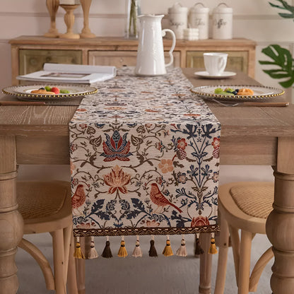 Vintage Floral & Bird Jacquard Table Runner | Tasselled Edges, Easy Care