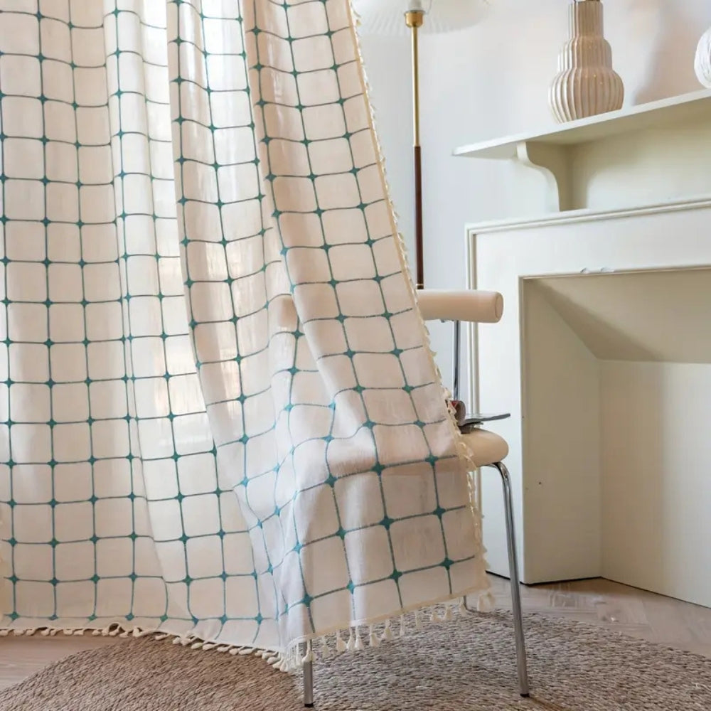 Turquoise Lattice Boho Tassel Curtain | Embroidered Plaid, Semi-Blackout
