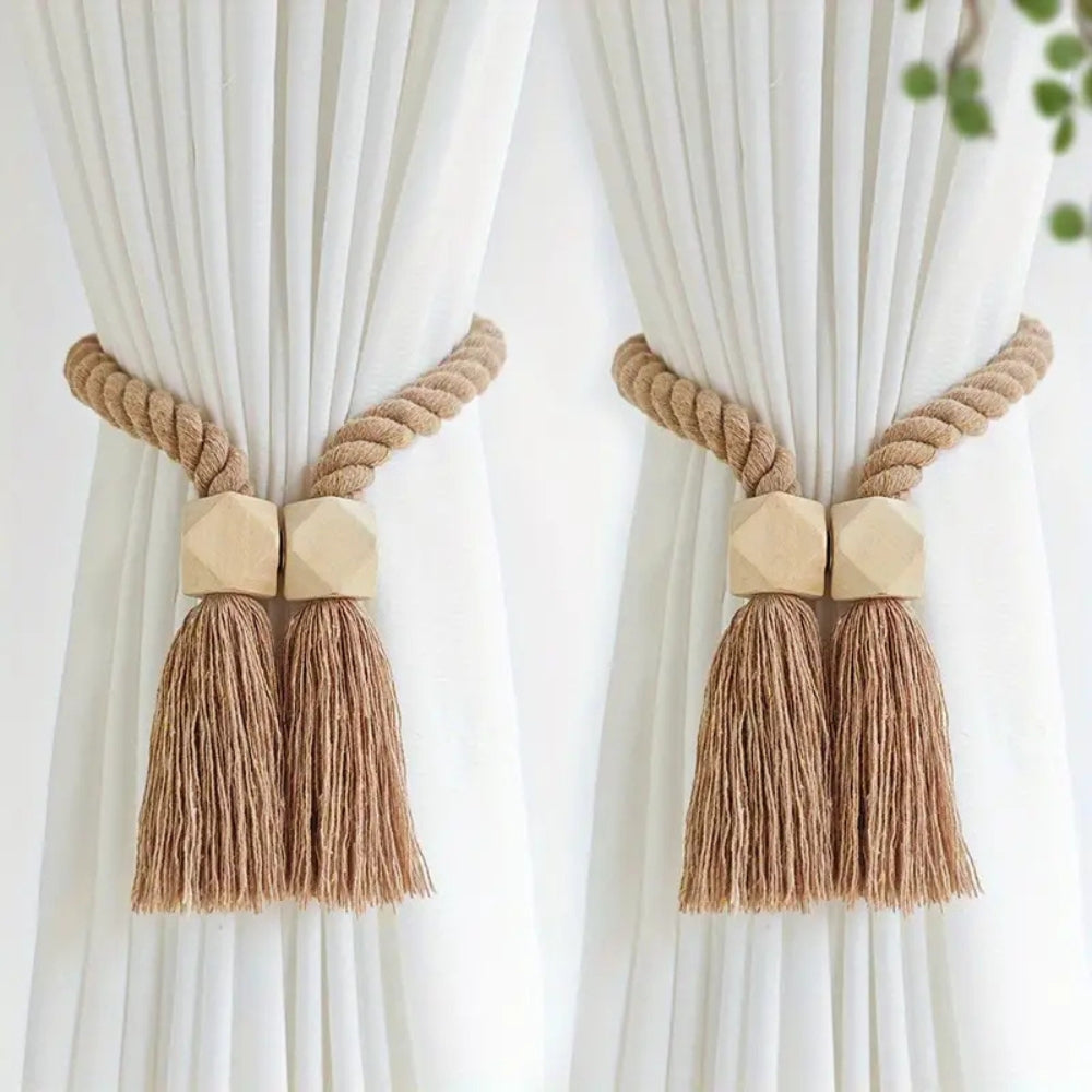 Wooden Bead Tassel Curtain Tie Backs | Handcrafted, 2-Pack