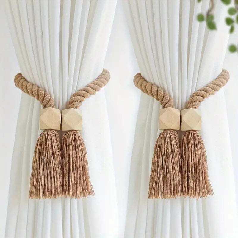 Wooden Bead Tassel Curtain Tie Backs | Handcrafted, 2-Pack
