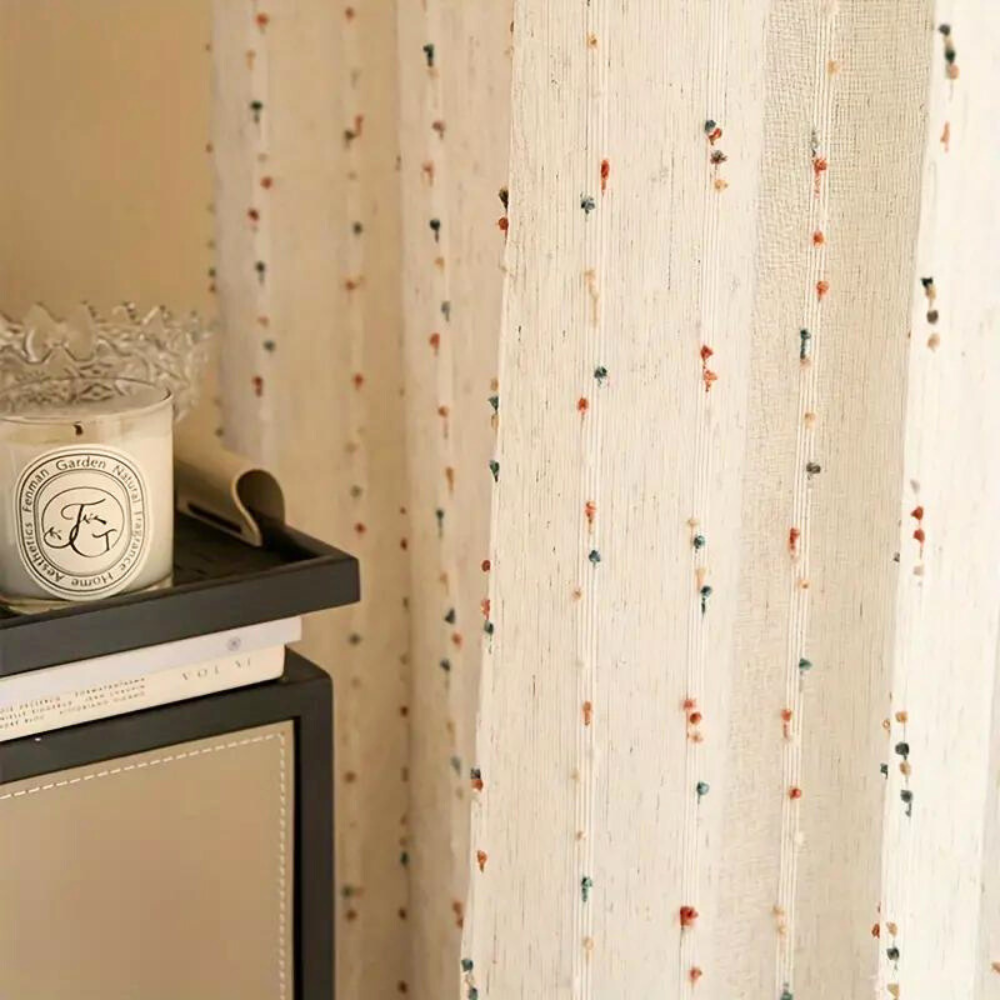 Sugar Bean Rainbow Tulle Curtain | Semi-Sheer, Embroidered Rainbow