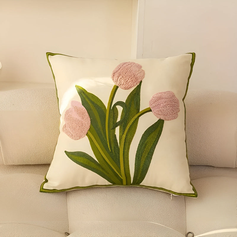 Blooming Tulip Cotton Cushion Cover | Floral Embroidery, Zip Closure