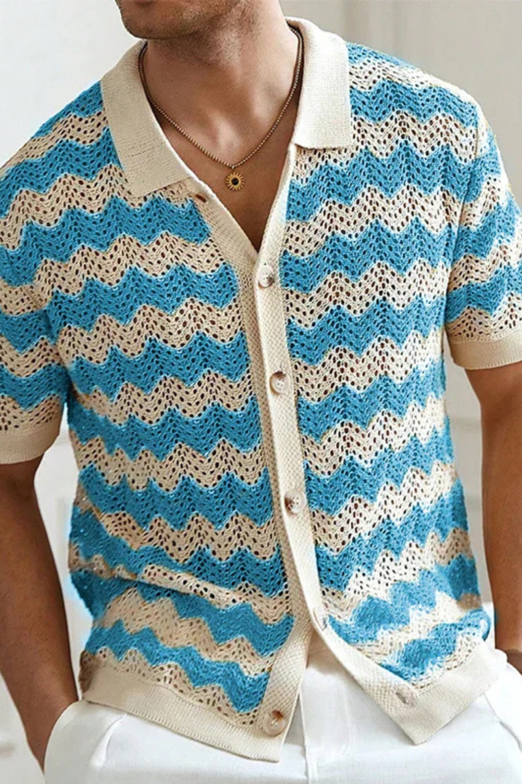 Tristan Men's Crochet Shirt - close-up detail