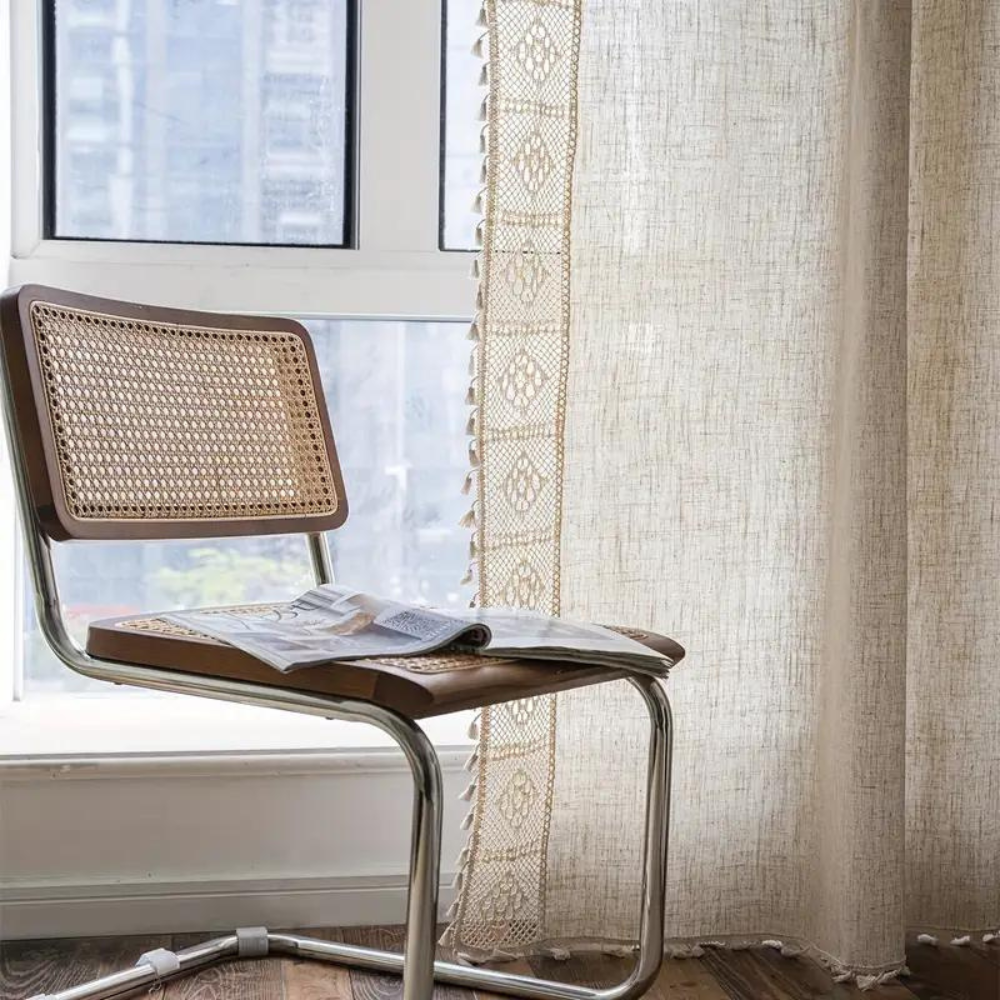 Farmhouse Chic Linen Geometric Curtain | Tassel Detail, All-Season