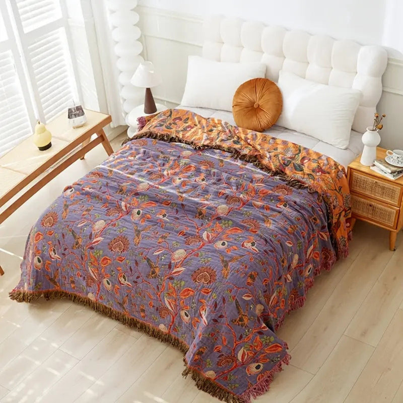Botanic Floral Cotton Tassel Blanket | Cotton, Tassel Trim