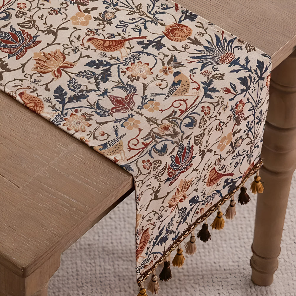 Vintage Floral & Bird Jacquard Table Runner | Tasselled Edges, Easy Care