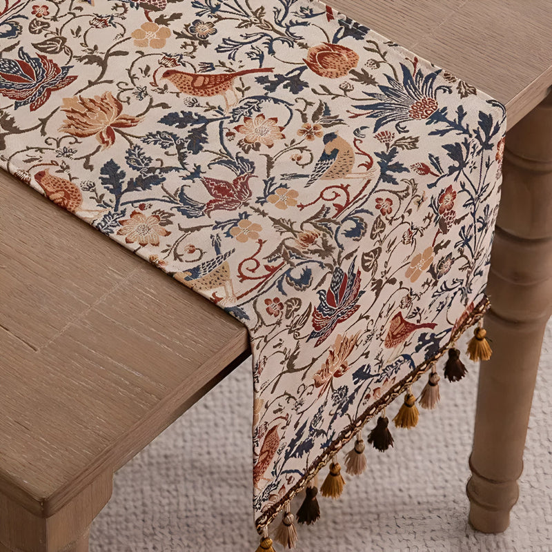 Vintage Floral & Bird Jacquard Table Runner | Tasselled Edges, Easy Care