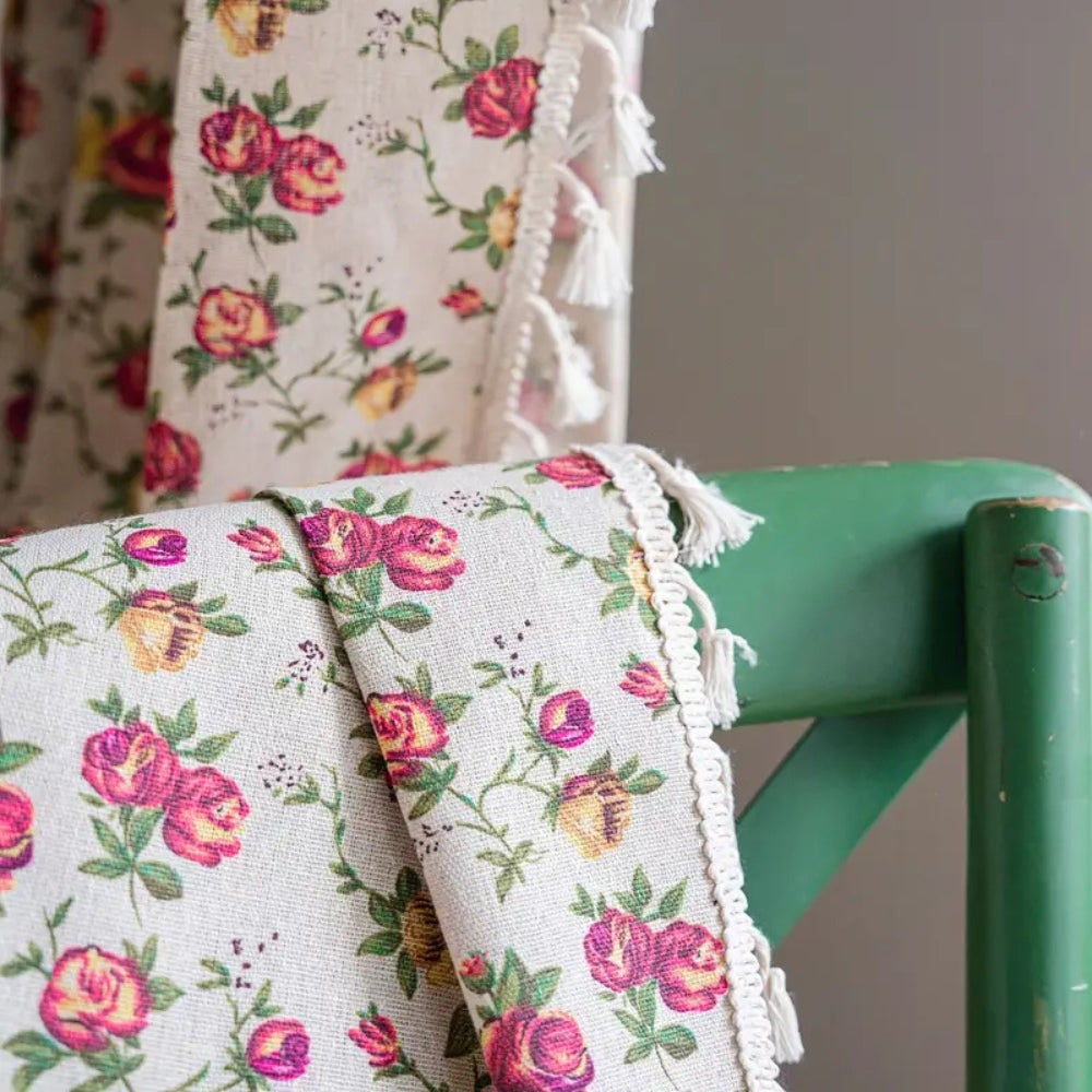 Floral Tasseled Soft Cotton Curtain | Semi-Sheer, UV-Resistant