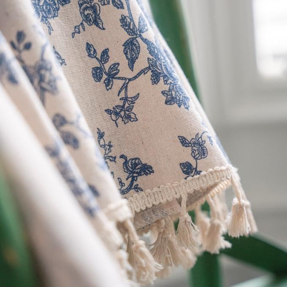 Blue Rose Floral Home Curtain | Semi-Sheer, Eyelet Top