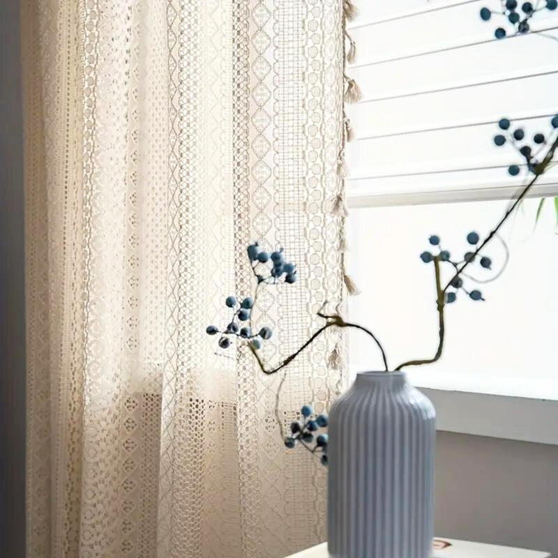 Chic Bohemian Crochet Curtain | Semi-Sheer, Tassel Trim