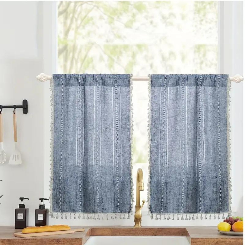 Boho Cotton Linen Kitchen Curtains | Jacquard Stripe, Valance