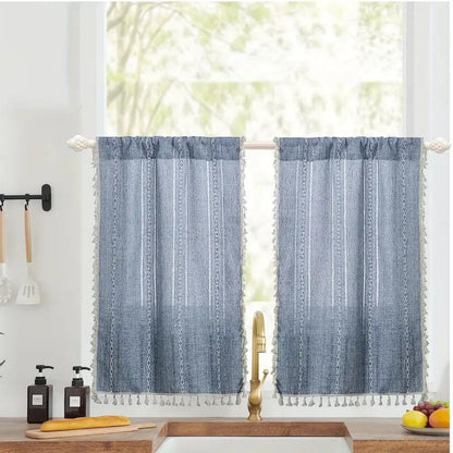 Boho Cotton Linen Kitchen Curtains | Jacquard Stripe, Valance