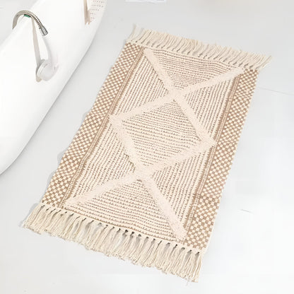 Beige Textured Tassel Rug | Moroccan 3D Tufted, Machine Washable