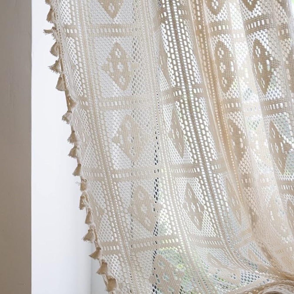 Rhombus Plaid Diamond Lace Curtain | Hollow-Out, Light-Filtering