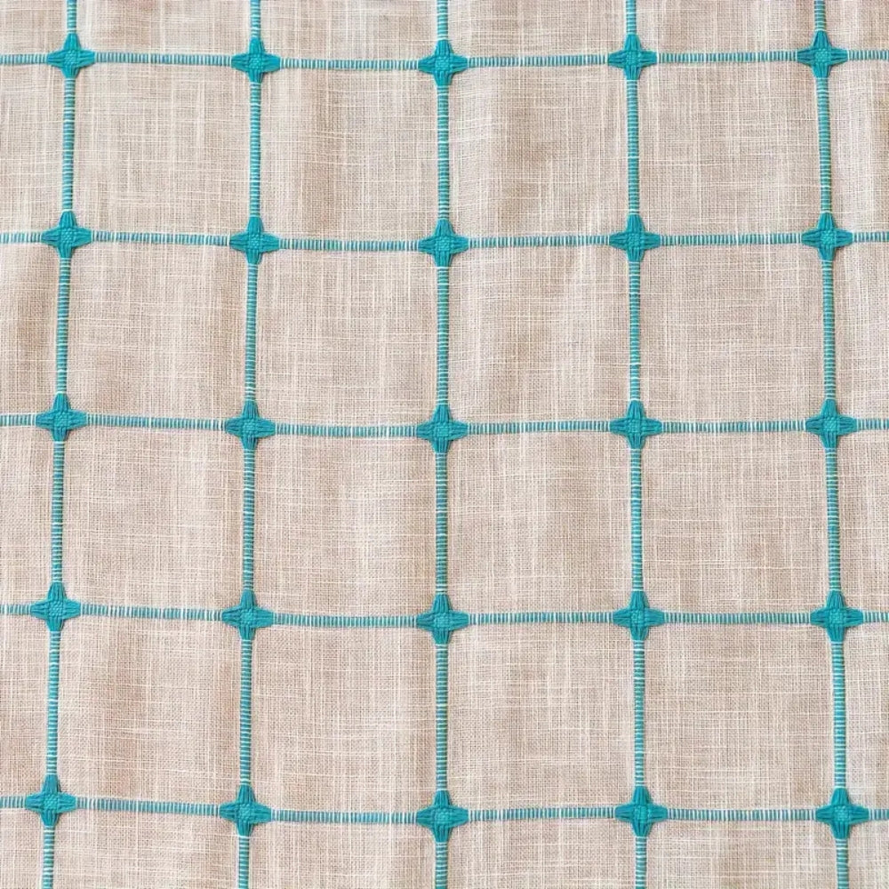 Turquoise Lattice Boho Tassel Curtain | Embroidered Plaid, Semi-Blackout
