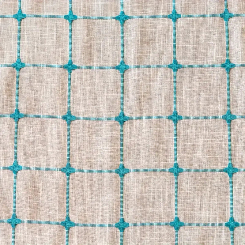 Turquoise Lattice Boho Tassel Curtain | Embroidered Plaid, Semi-Blackout