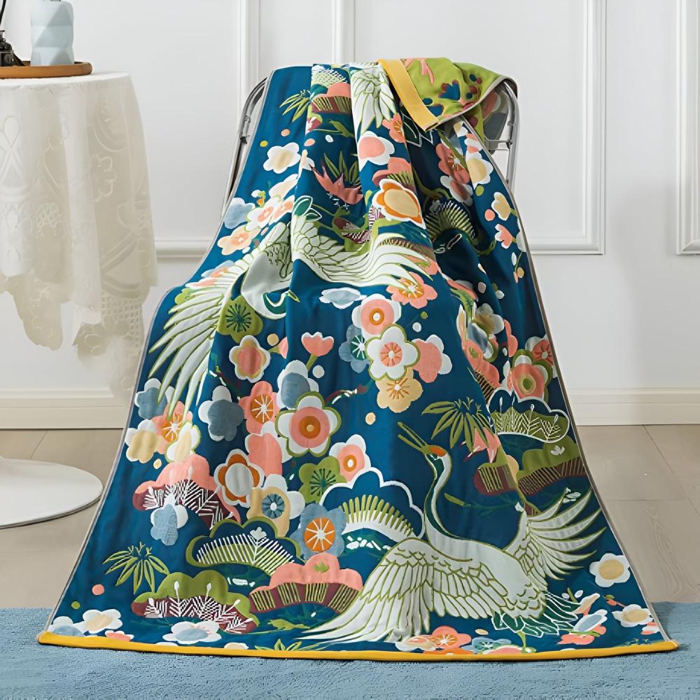 Pure Cotton Bath Towel | Crane & Floral Print