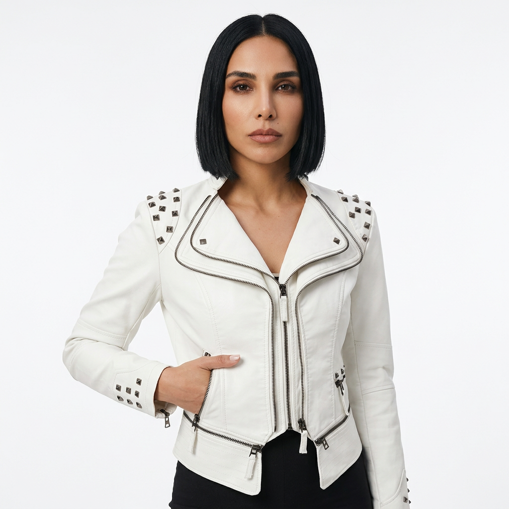 Veste motard pour femme Raven | Épaules cloutées en pyramide, détails multi-zips