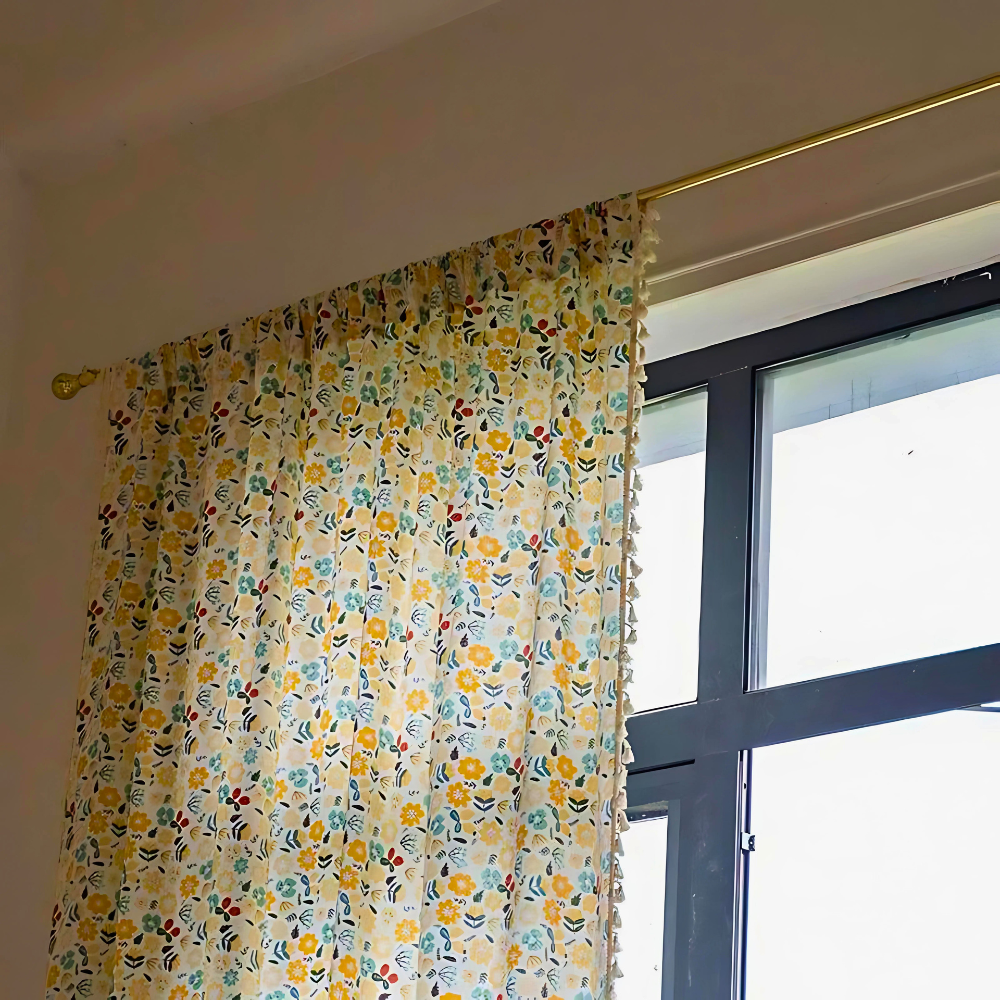 Yellow Flower Tassel Curtain | Cotton-Linen, Semi-Blackout