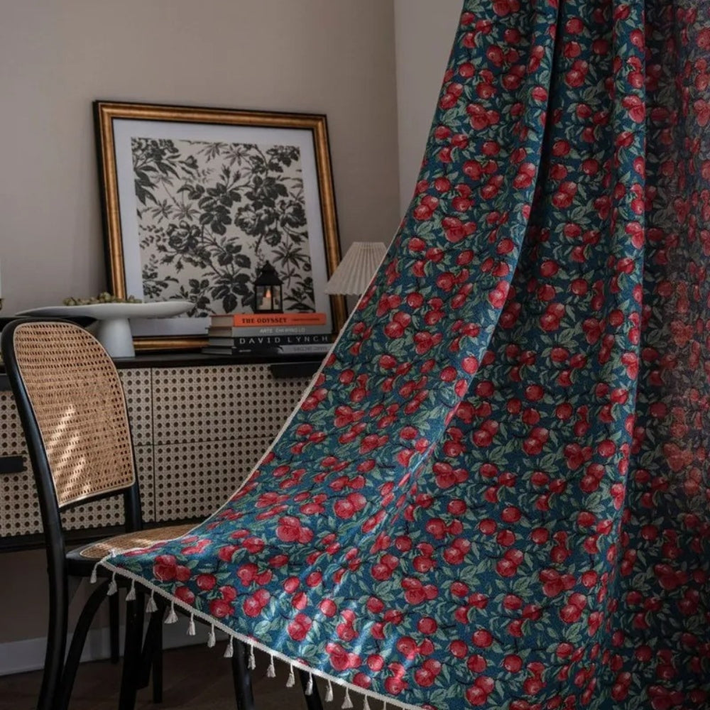 Cherry Bloom Botanical Tassel Curtain | Vintage Print, Semi-Blackout
