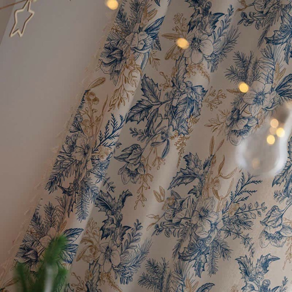 Farmhouse Botanical Blue Floral Curtain | Cotton-Linen, Semi-Blackout