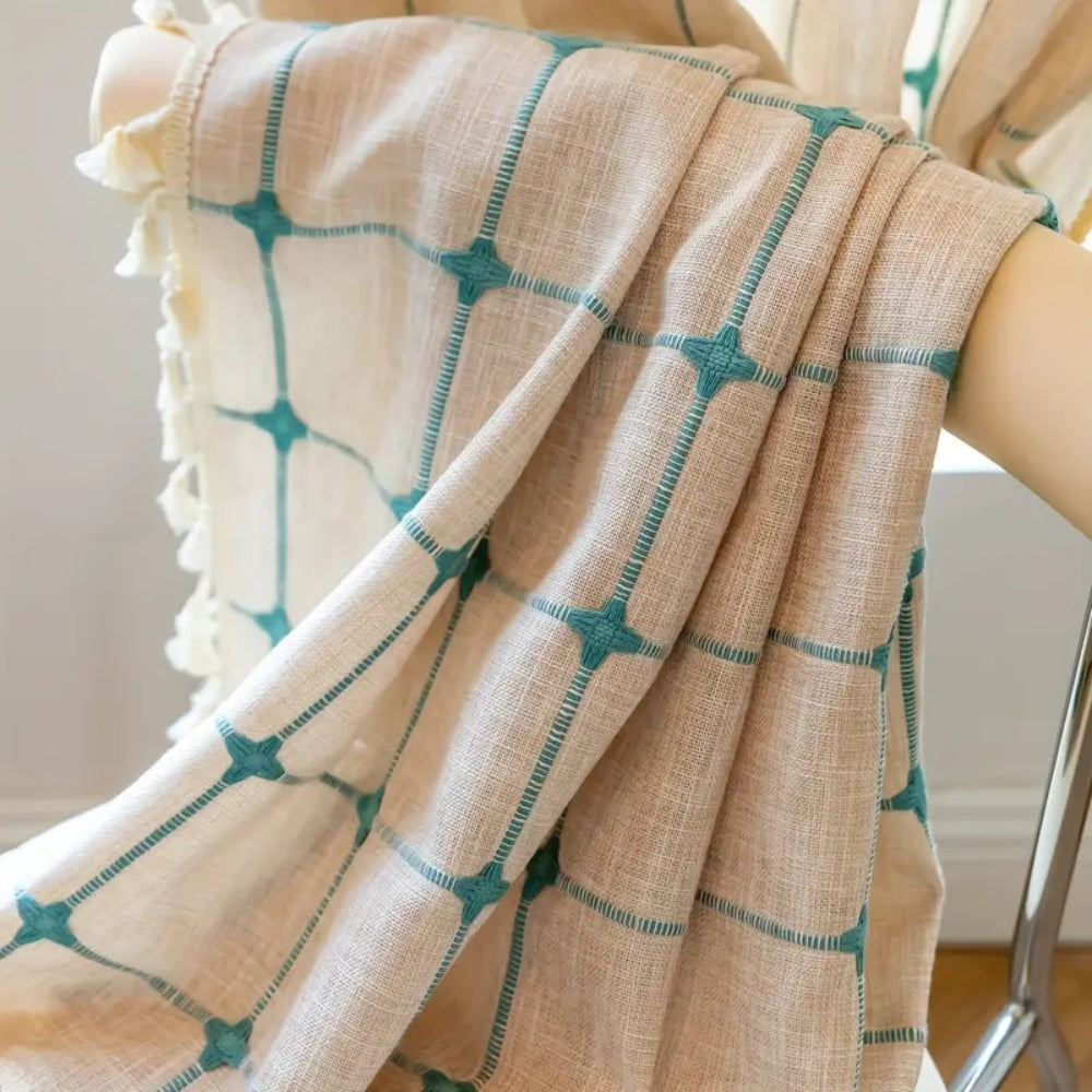 Turquoise Lattice Boho Tassel Curtain | Embroidered Plaid, Semi-Blackout