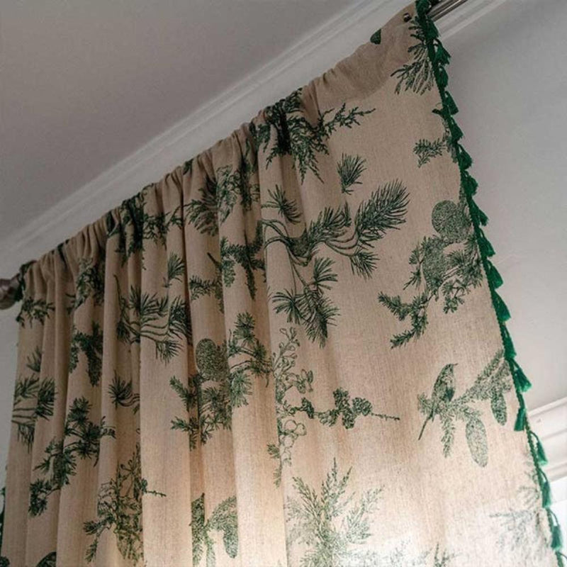 Green Pine Bird Pattern Tassel Curtain | Cotton-Linen, Semi-Blackout
