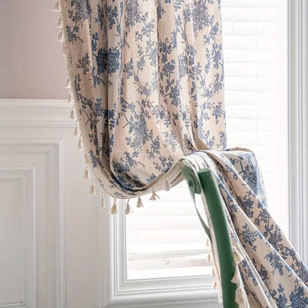 Blue Rose Floral Home Curtain | Semi-Sheer, Eyelet Top