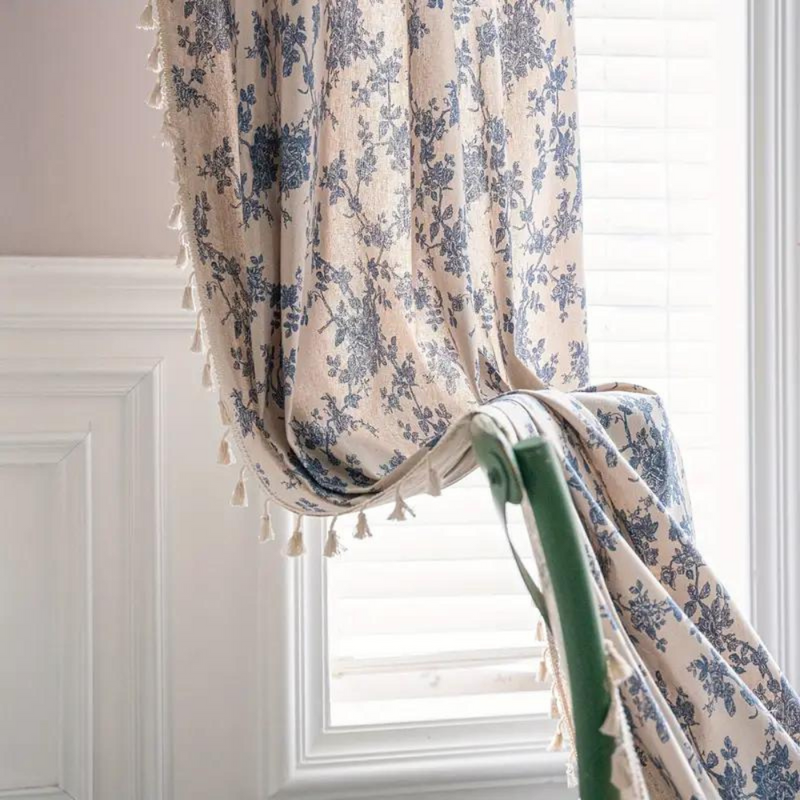 Blue Rose Floral Home Curtain | Semi-Sheer, Eyelet Top