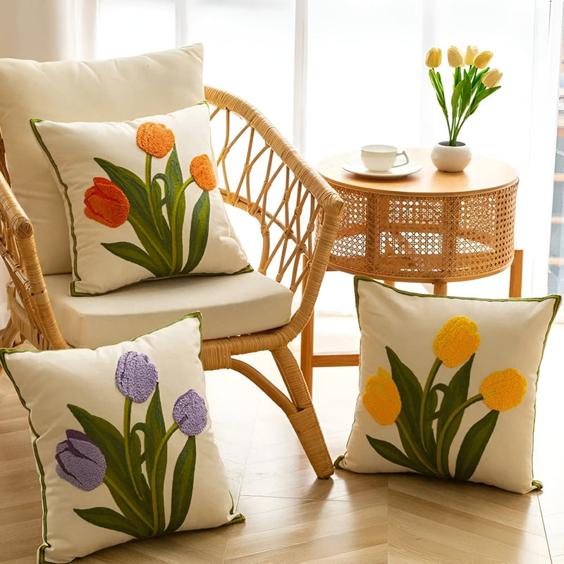 Blooming Tulip Cotton Cushion Cover | Floral Embroidery, Zip Closure