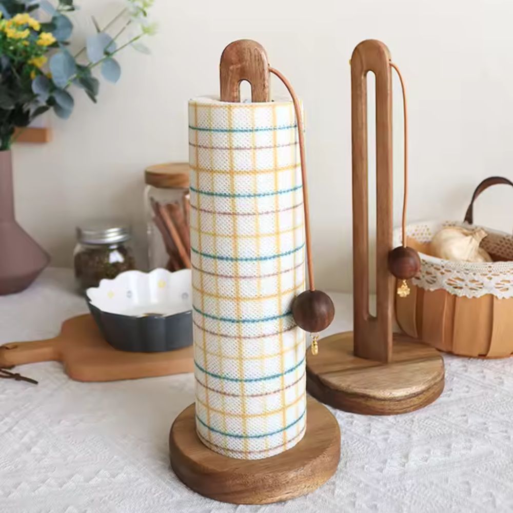 Acacia Wood Paper Roll Stand | Anti-Slip Base, Minimalist Decor