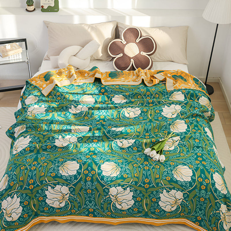 Green Botanical Bloom Cotton Blanket | Cotton, Year-Round