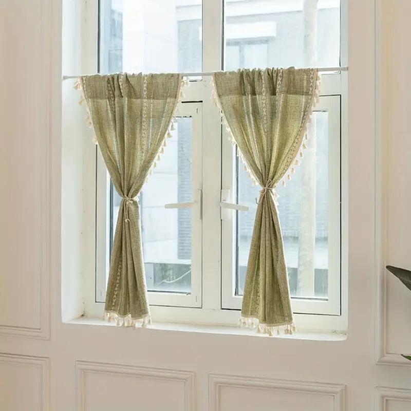 Boho Cotton Linen Kitchen Curtains | Jacquard Stripe, Valance