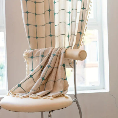 Turquoise Lattice Boho Tassel Curtain | Embroidered Plaid, Semi-Blackout