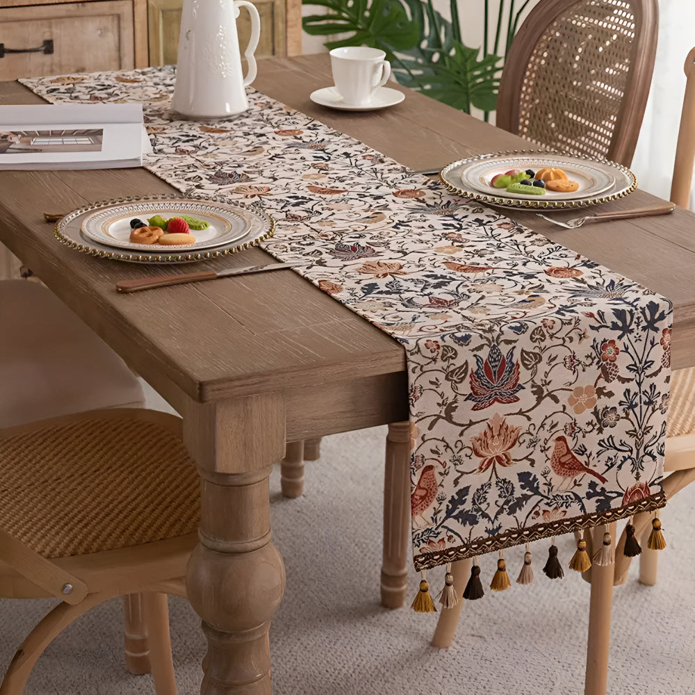 Vintage Floral & Bird Jacquard Table Runner | Tasselled Edges, Easy Care