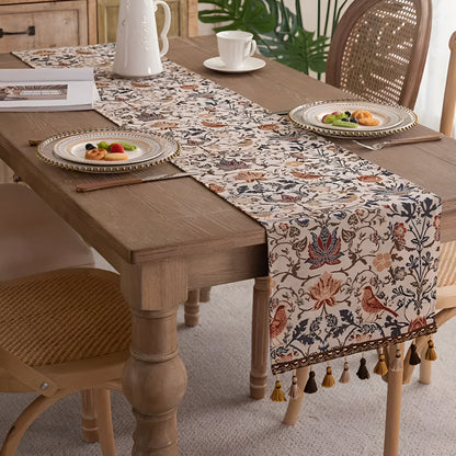 Vintage Floral & Bird Jacquard Table Runner | Tasselled Edges, Easy Care