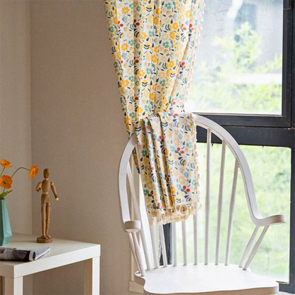 Yellow Flower Tassel Curtain | Cotton-Linen, Semi-Blackout