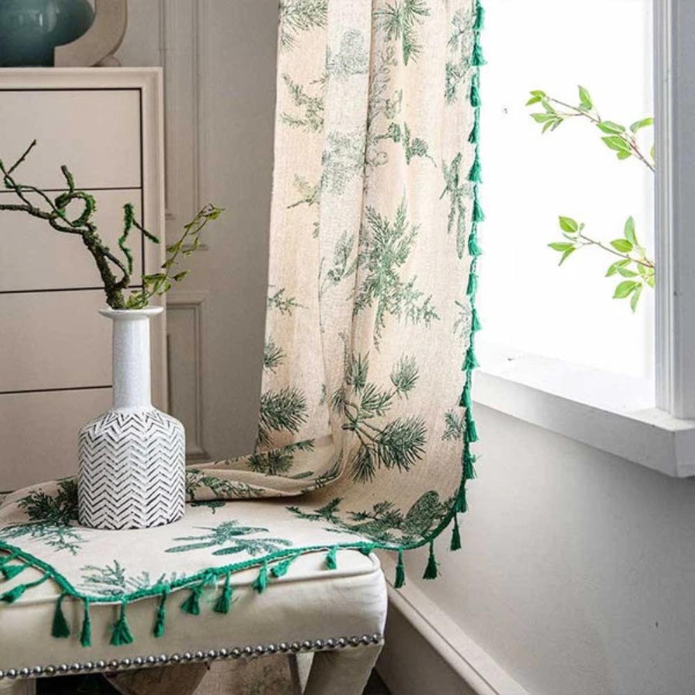Green Pine Bird Pattern Tassel Curtain | Cotton-Linen, Semi-Blackout