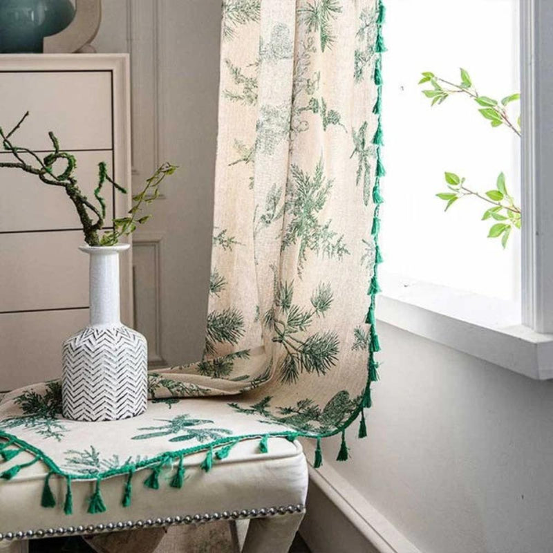 Green Pine Bird Pattern Tassel Curtain | Cotton-Linen, Semi-Blackout