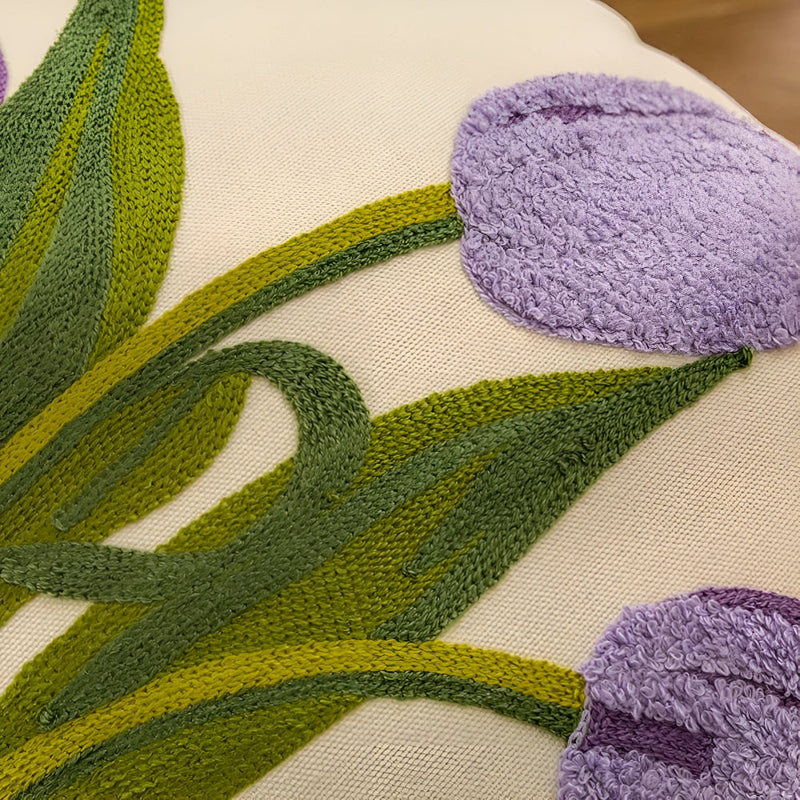 Blooming Tulip Cotton Cushion Cover | Floral Embroidery, Zip Closure
