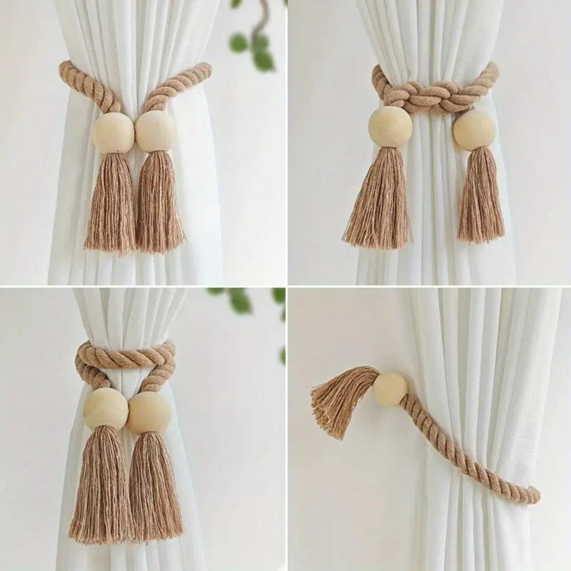 Wooden Bead Tassel Curtain Tie Backs | Handcrafted, 2-Pack