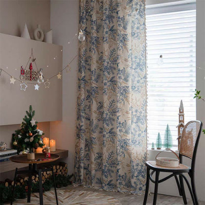 Farmhouse Botanical Blue Floral Curtain | Cotton-Linen, Semi-Blackout