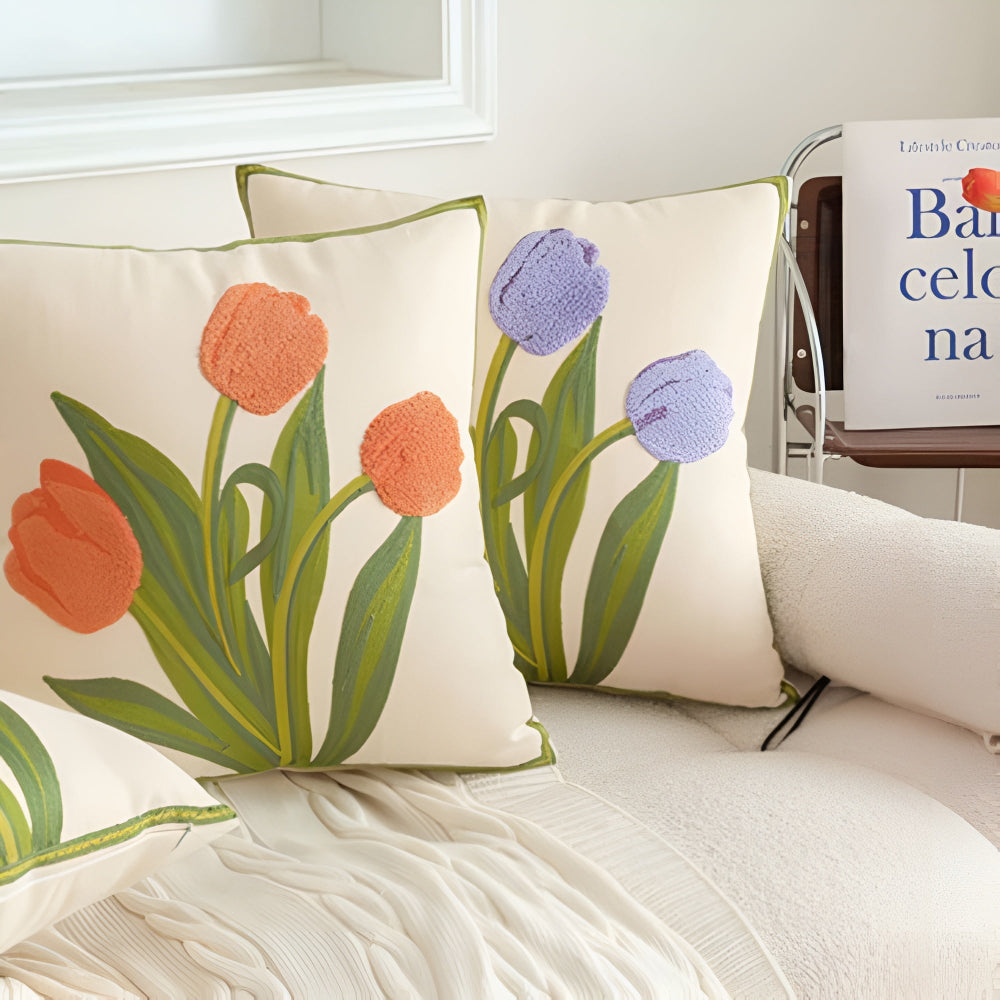 Blooming Tulip Cotton Cushion Cover | Floral Embroidery, Zip Closure