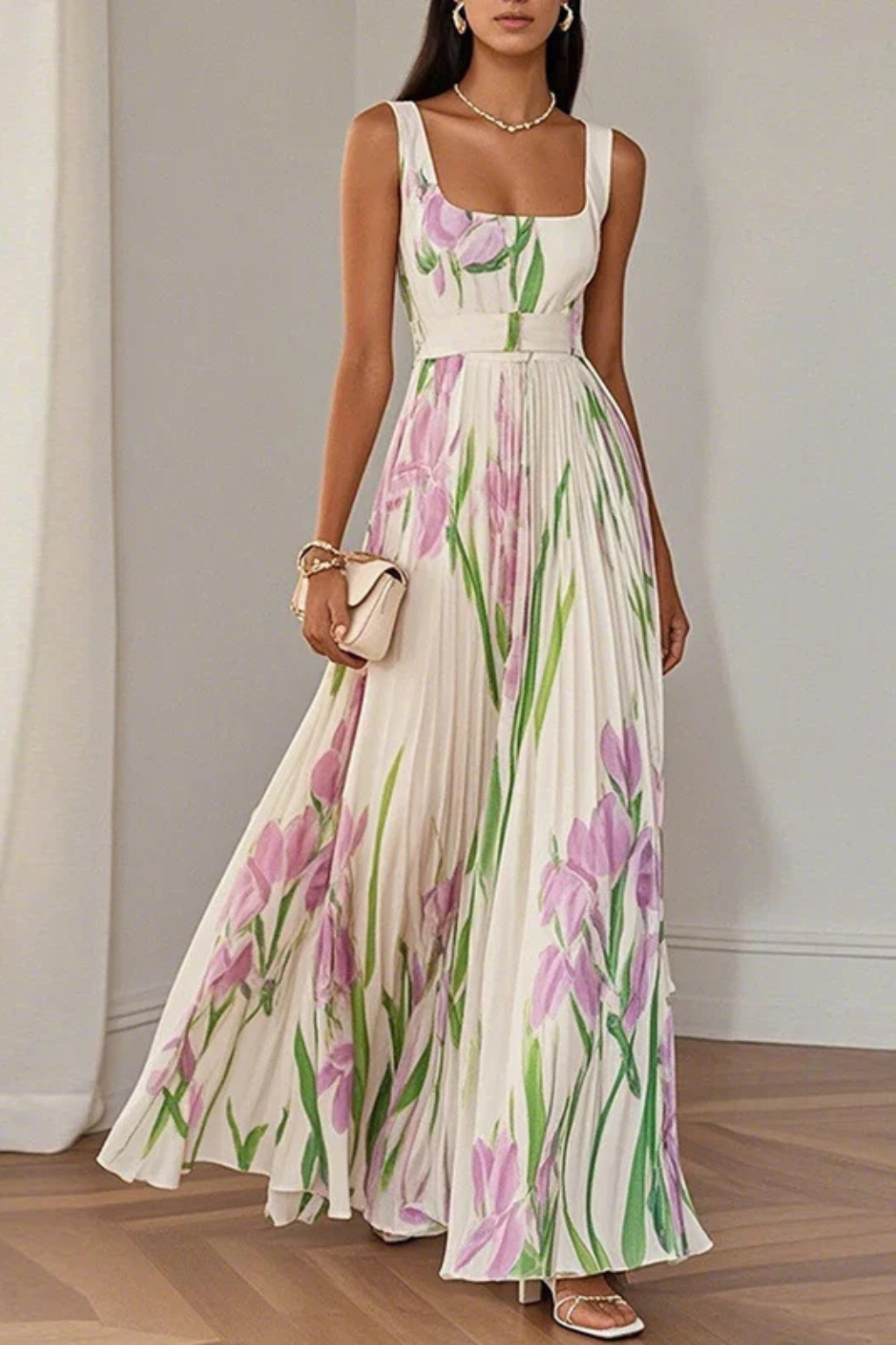 Mira Women's Pleated Maxi Dress - fabric and finish detail