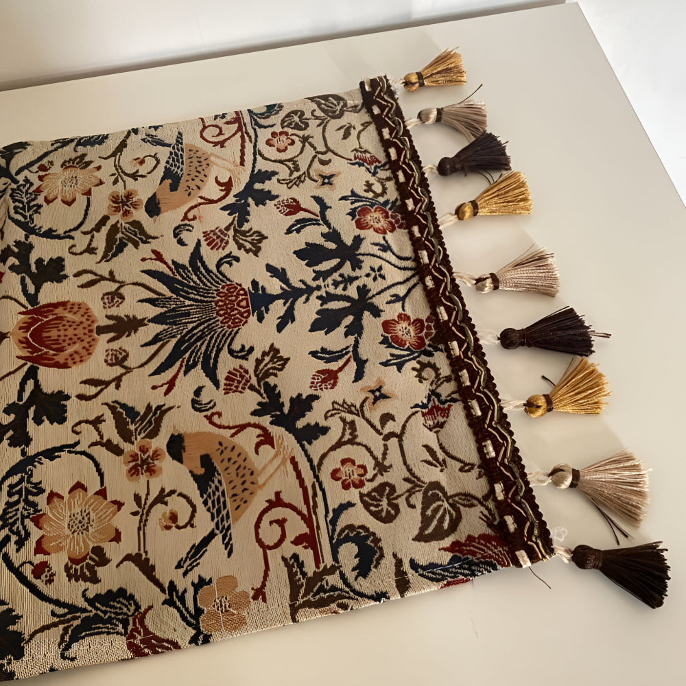 Vintage Floral & Bird Jacquard Table Runner | Tasselled Edges, Easy Care